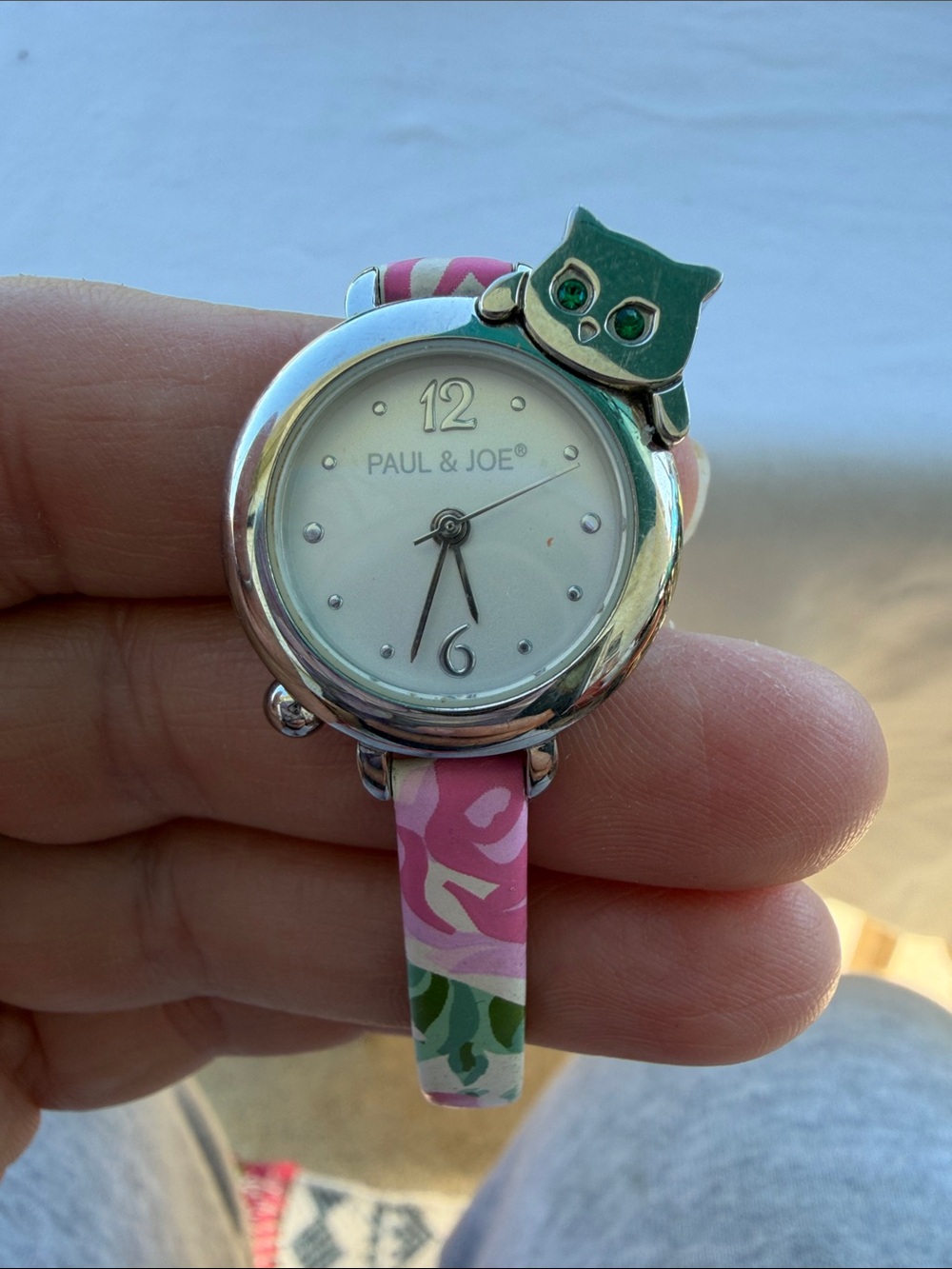 Paul & Joe Pink Floral Watch Charm with Green owl Accent